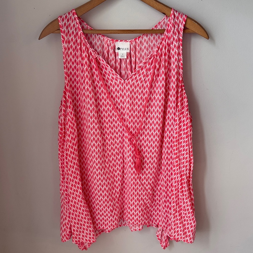 Stylus Dubarry Coral White Tassel Tie Sleeveless Rayon Blouse - Picture 2 of 6